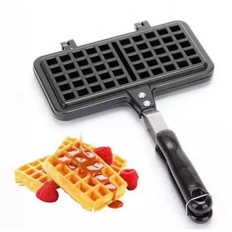 Double Waffle Pan Maker Persegi Panjang Cetakan Kue Waffel Pancake Croffle Teflon-Persegi