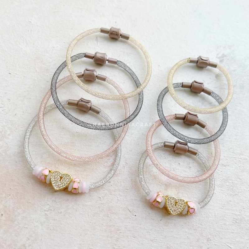 Gelang Gliter Kristal Tali Kawat Pandora Rantai Pengait Bakar Dewasa 17cm &amp; Anak 14cm free karet stopper 2 pcs