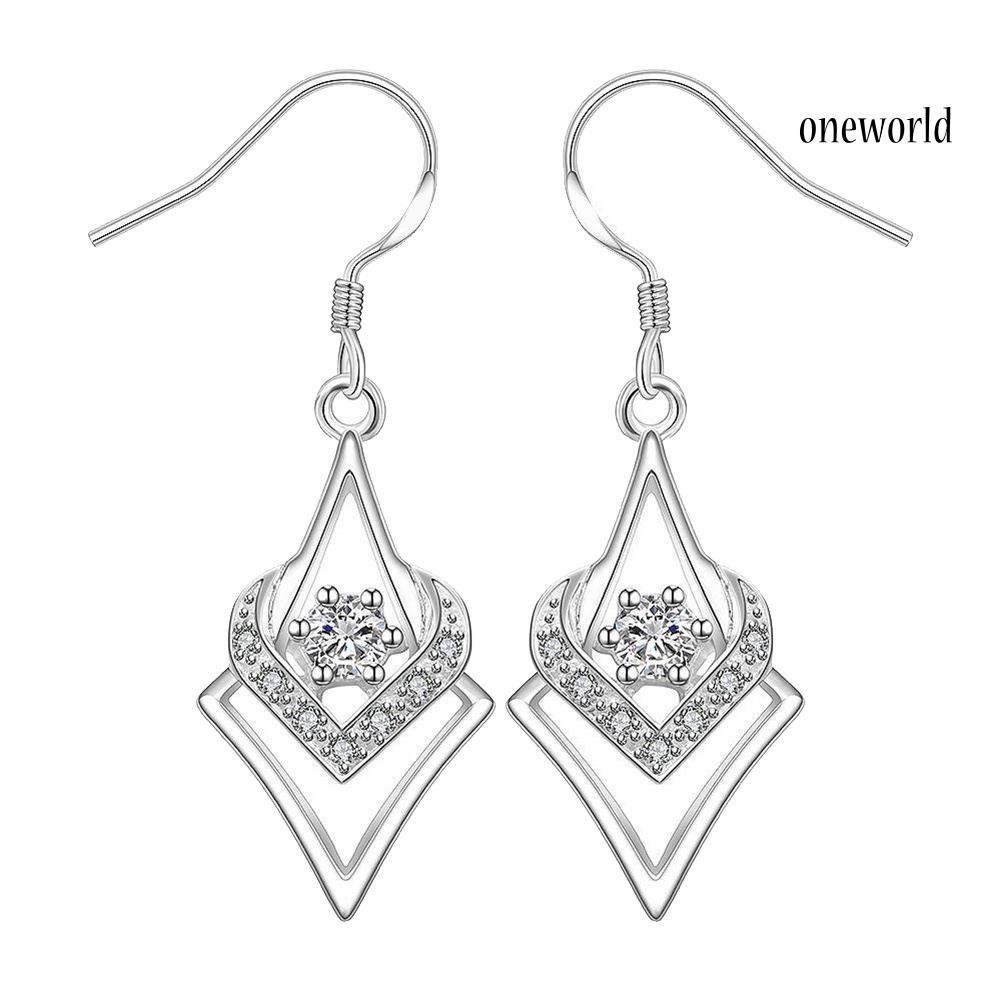 OW@ Women Silver Plated Hook Dangle Earrings Square with Zircon Heart Eardrops