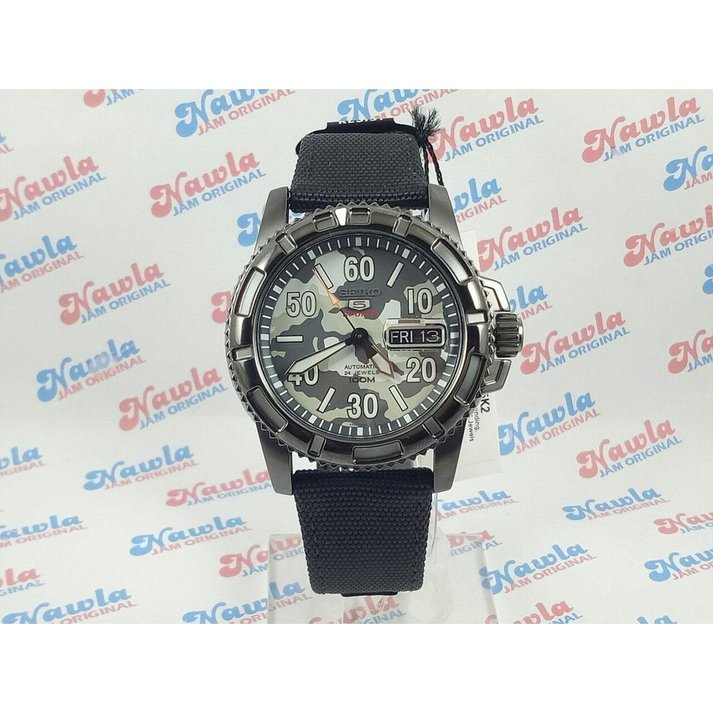 Seiko 5 Sports SRP225K2 Army Black Nylon - Jam Tangan Pria SRP225