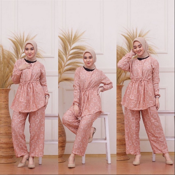 One Set Wanita Rayon Viscose Tali Serut Setelan Wanita Jumbo Lengan Panjang Baju Wanita Kekinian LD 120 cm