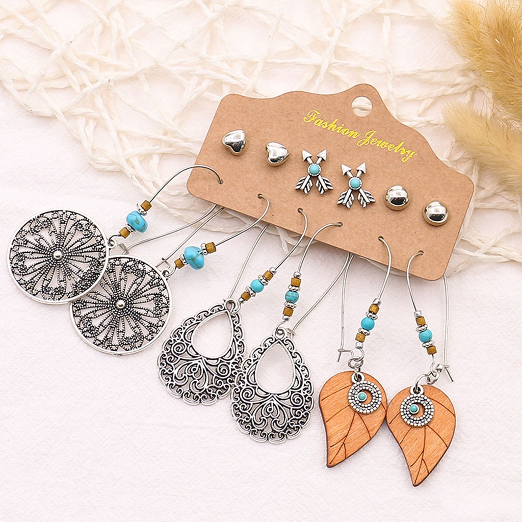 Hu Hu Hu Hu Hu Alat Bantu Pasang Kacamata♡ 6 Pasang Anting Tusuk Gantung Desain Daun Hollow Bahan Alloy Gaya Etnik Untuk Wanita