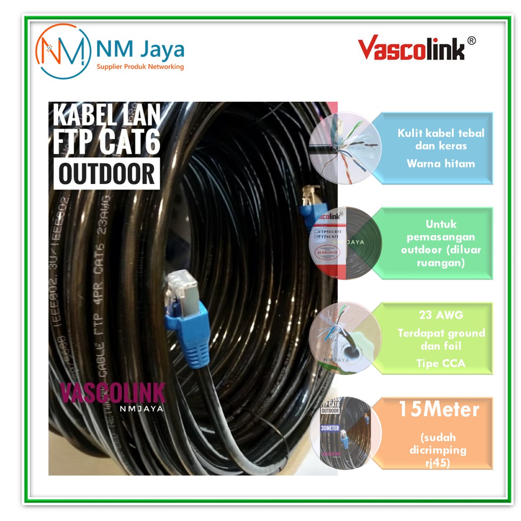 Kabel Lan Outdoor 15 Meter FTP CAT6 Siap Pakai sudah dicrimping rj45 besi dan plugbooth Vascolink Warna Hitam