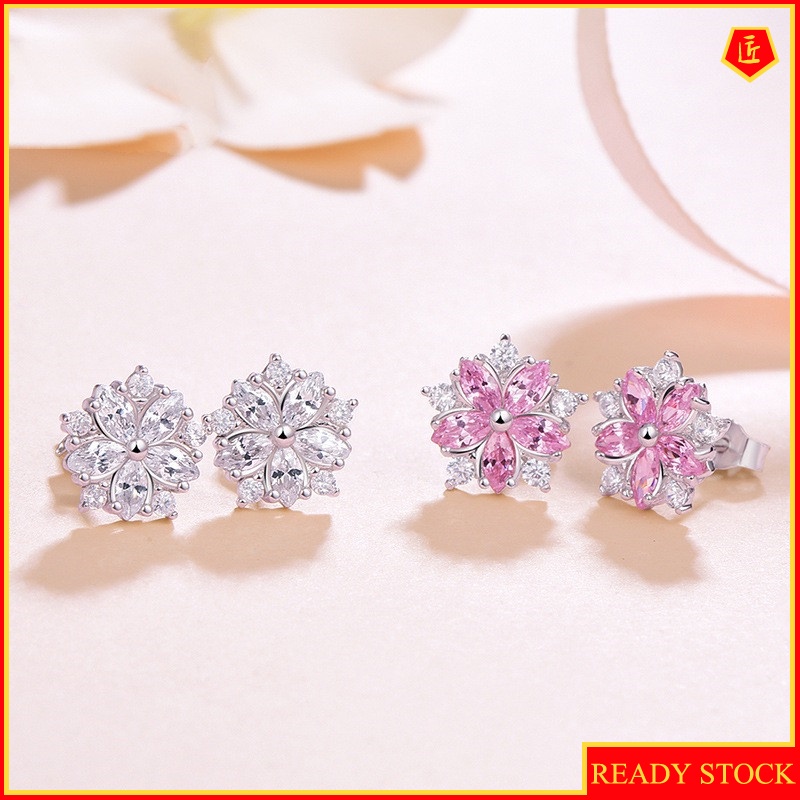 [Ready Stock]Pink Diamond Cherry Blossom Stud Earrings Elegant Sweet