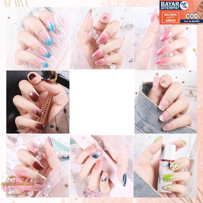 KUKU PALSU 24PCS DENGAN LEM FALSE NAIL TIPS CUTE MOTIF MULTI DESIGN GLOSSY OVAL COFFIN SQUARE