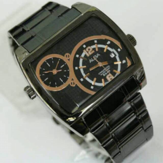 Jam tangan pria elegant exclusive Alba Dual Time Gp premium full Black