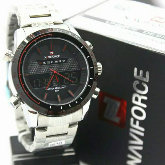 JAM TANGAN PRIA NAVIFORCE NF 9024M BODY SILVER LIST MERAH ORIGINAL