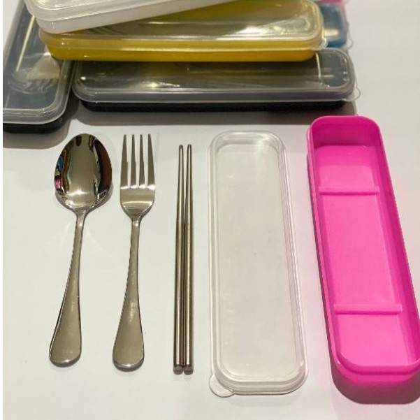 READY STOCK Set Alat Makan Box Transparan ( Sendok Garpu dan Sumpit ) Stainless Steel HQ!