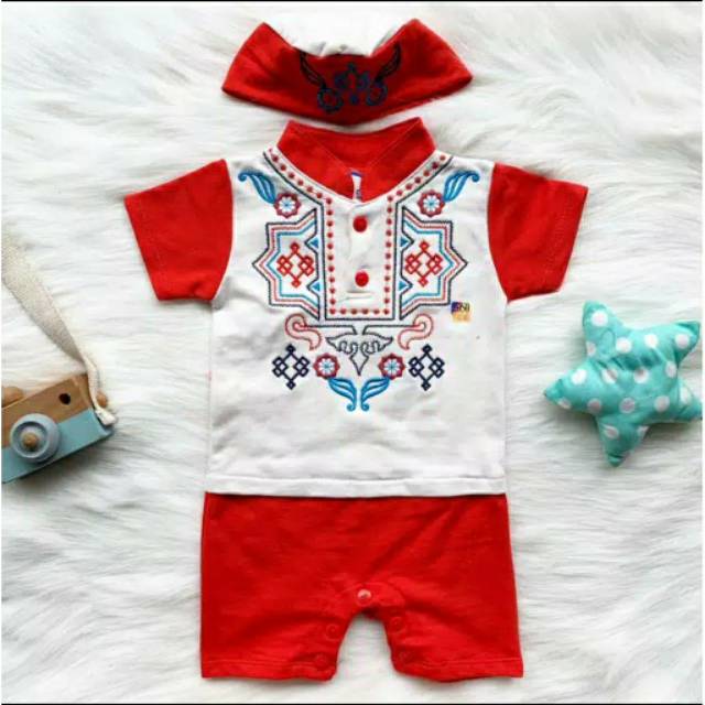 Koko bayi cowok motif bordir lucu free peci lebaran akikah fashion anak laki baby boy murah -kok