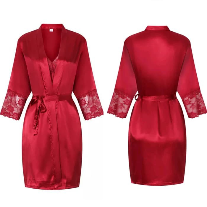 Valeria Lingerie Baju Tidur Piyama Kimono Set Merah Marun Maroon - Maroon