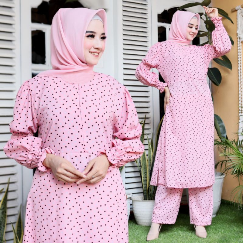 ELDE 9 Stelan polka wallpeach ld 110 pjg115 lebar 190  + kulot pinggang karet 100cm + panjang 93