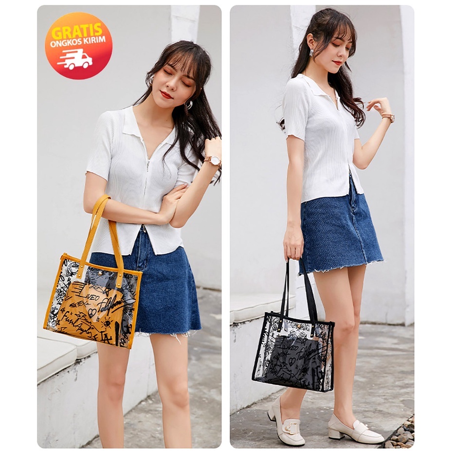 Tas Bahu Wanita Import Premium Tas Mika Bening Transparan Anti AirTas Tote Bag Wanita Resleting Besar Cewek Remaja Korea Kekinian