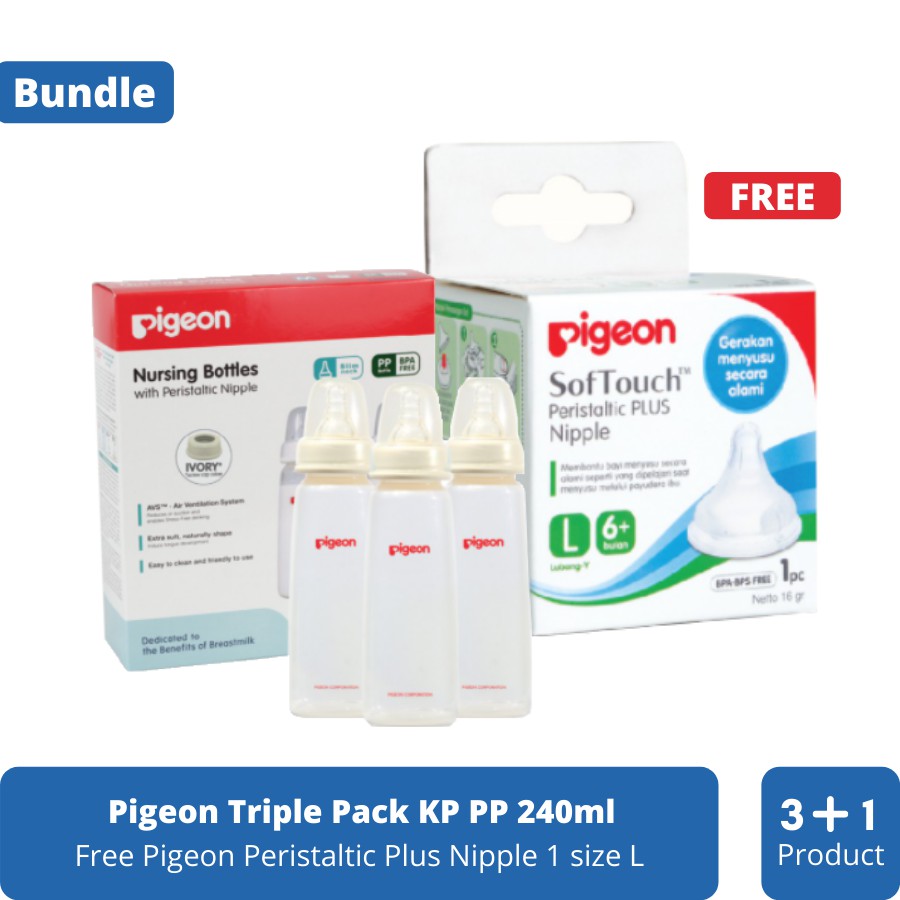 Pigeon Botol Susu Triple Pac 240ml & Pigeon Dot Nipple Peristaltic Plus isi 1 size L BUNDLE