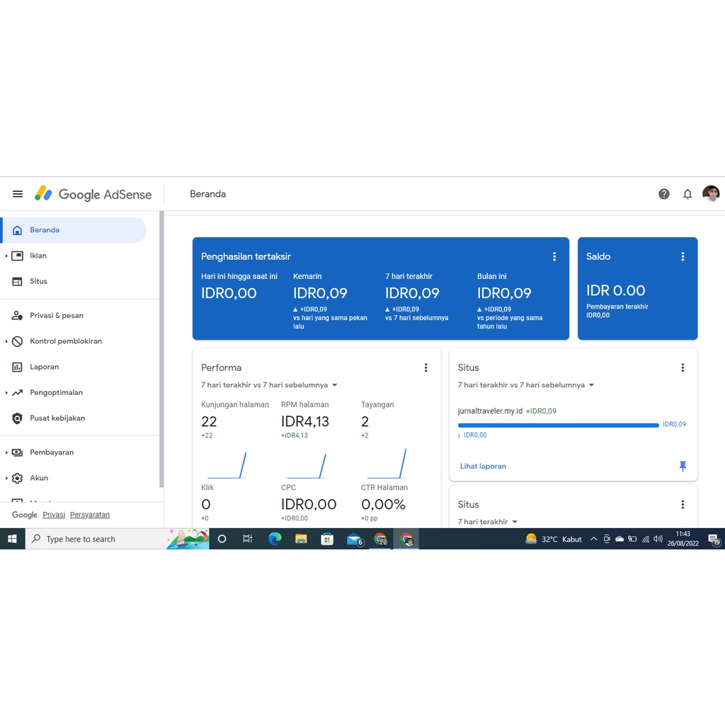 Akun Adsense fresh aktif monetisasi + domain my id