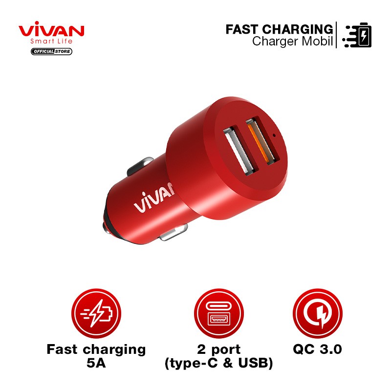 VIVAN Car Charger Fast Charging Mobil CQ01S QC3.0 Dual USB Original Red Garansi Resmi 1 Tahun