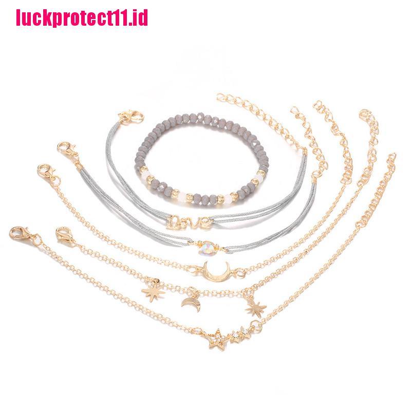 (LUCK) 6pcs / set Gelang Tangan Rantai Aksen Rumbai + Daun Gaya Bohemian Untuk Wanita