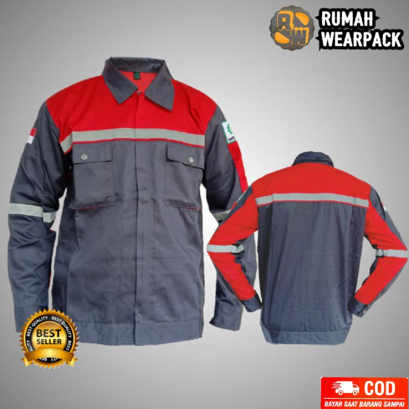 Baju Kerja/ Wearpack Proyek/ Seragam Kerja Atasan Warna Abu Tua Merah