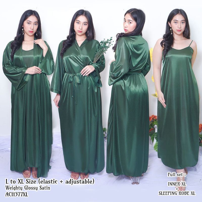 Kimono Wanita Sexy Baju Tidur Jumbo Big Size Satin Inner Tanktop panjang Jubah panjang Hijau 1377HSE