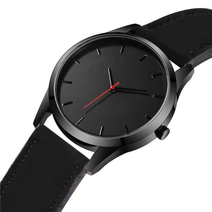 Jam Tangan Casual Analog Polos Full Black Tali Kulit Pu Leather 1400