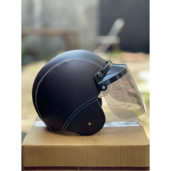 HELM DEWASA BOGO POLOS Kulit + KaCa DatarFLat