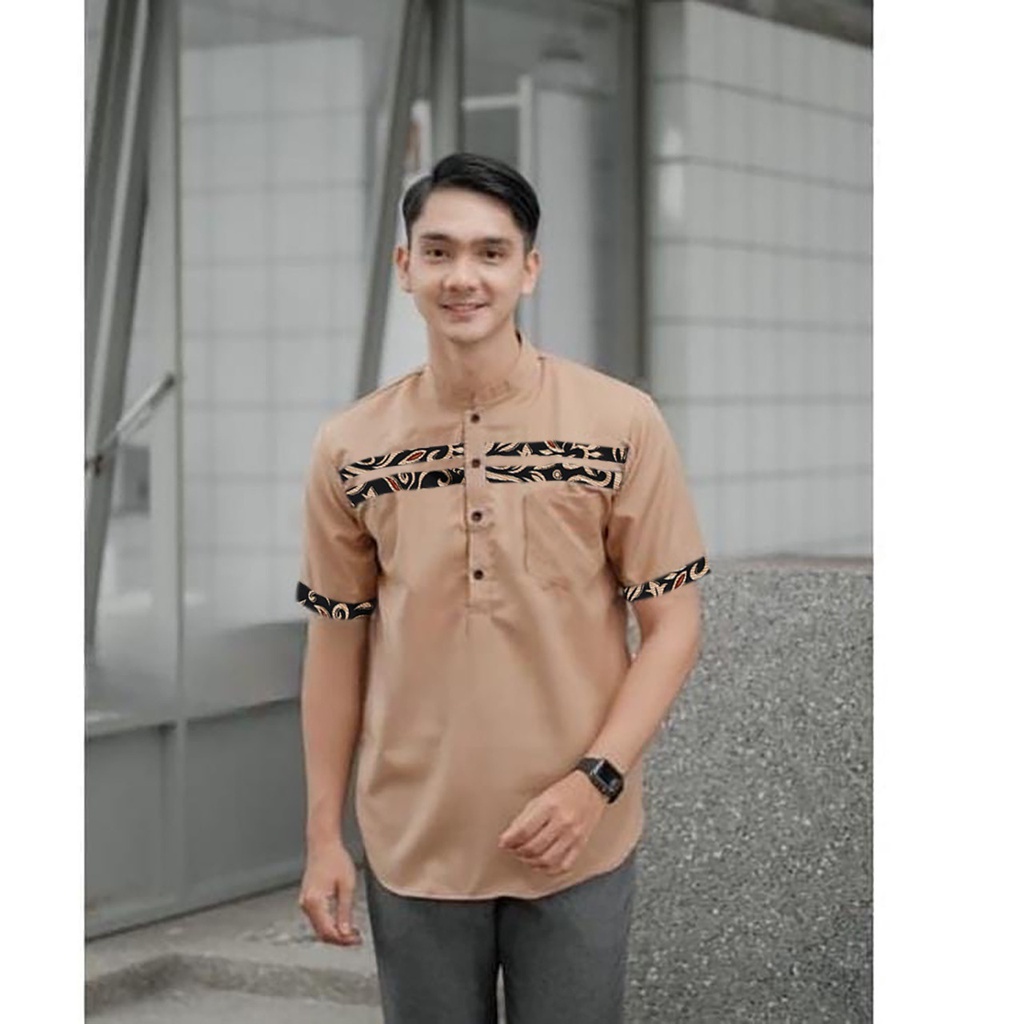 Baju Atasan Koko Muslim Pria Lengan Pendek Kurta Kombinasi Batik Premium Original