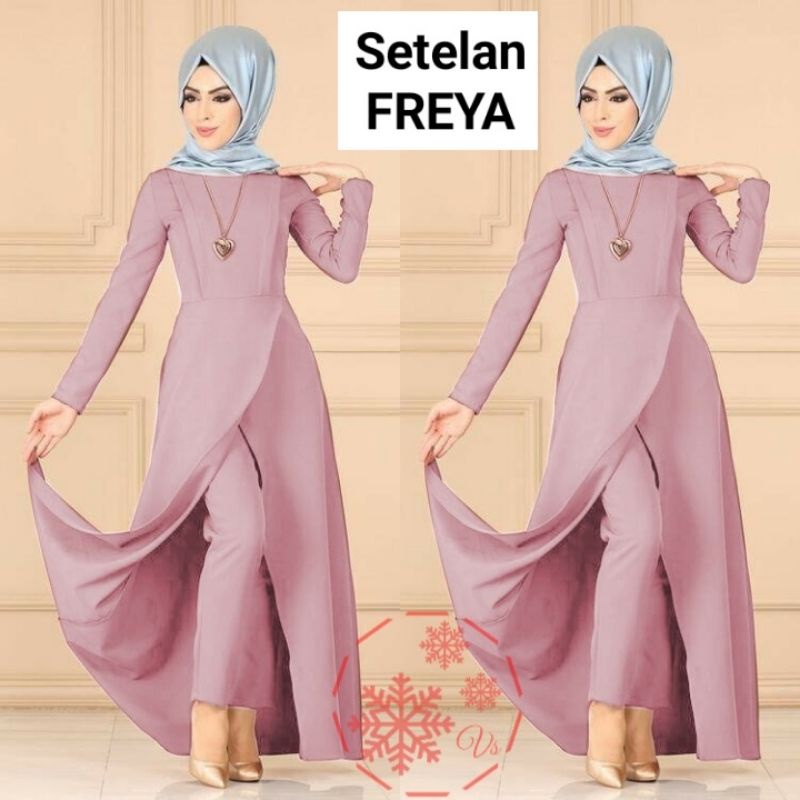 SET CELANA TUNIK FREYA, MOSCREPE, GAMIS HIJAB MUSLIM, SETELAN, 4 UKURAN