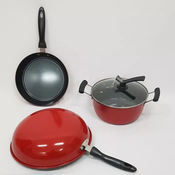 Panci Teflon Wok Pan Set Nona 3 in 1