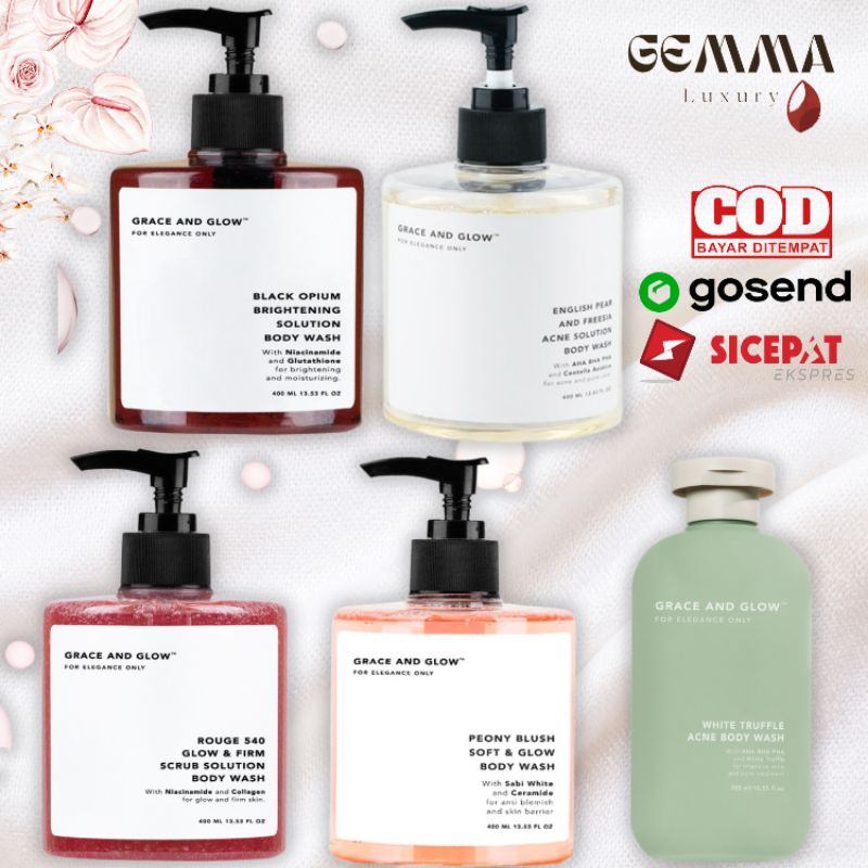 (GOSEND/COD) GRACE AND GLOW BODY WASH BLACK OPIUM BRIGHTENING SOLUTION - ENGLISH PEAR AND FREESIA ANTI ACNE - ROUGE 540 GLOW AND FIRM BODY SCRUB SLOUTION - PEONY BLUSH SOFT AND GLOW SKIN BARRIER SOLUTION - WHITE TRUFFLE ACNE BODY WASH