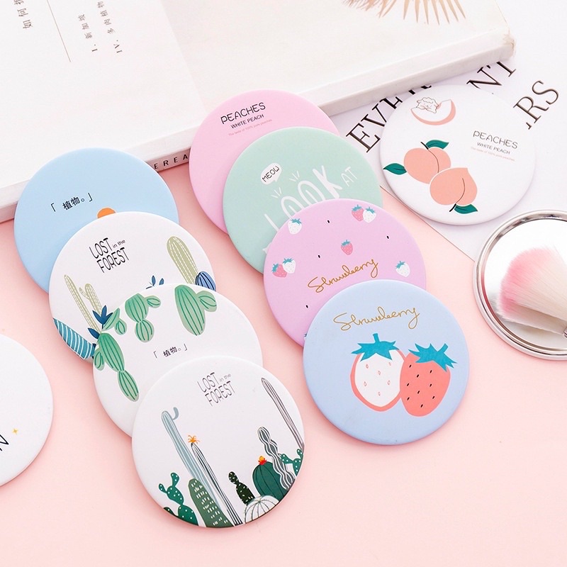 Cermin Mini Bulat Makeup Kaca Rias Portabel Praktis Karakter Lucu