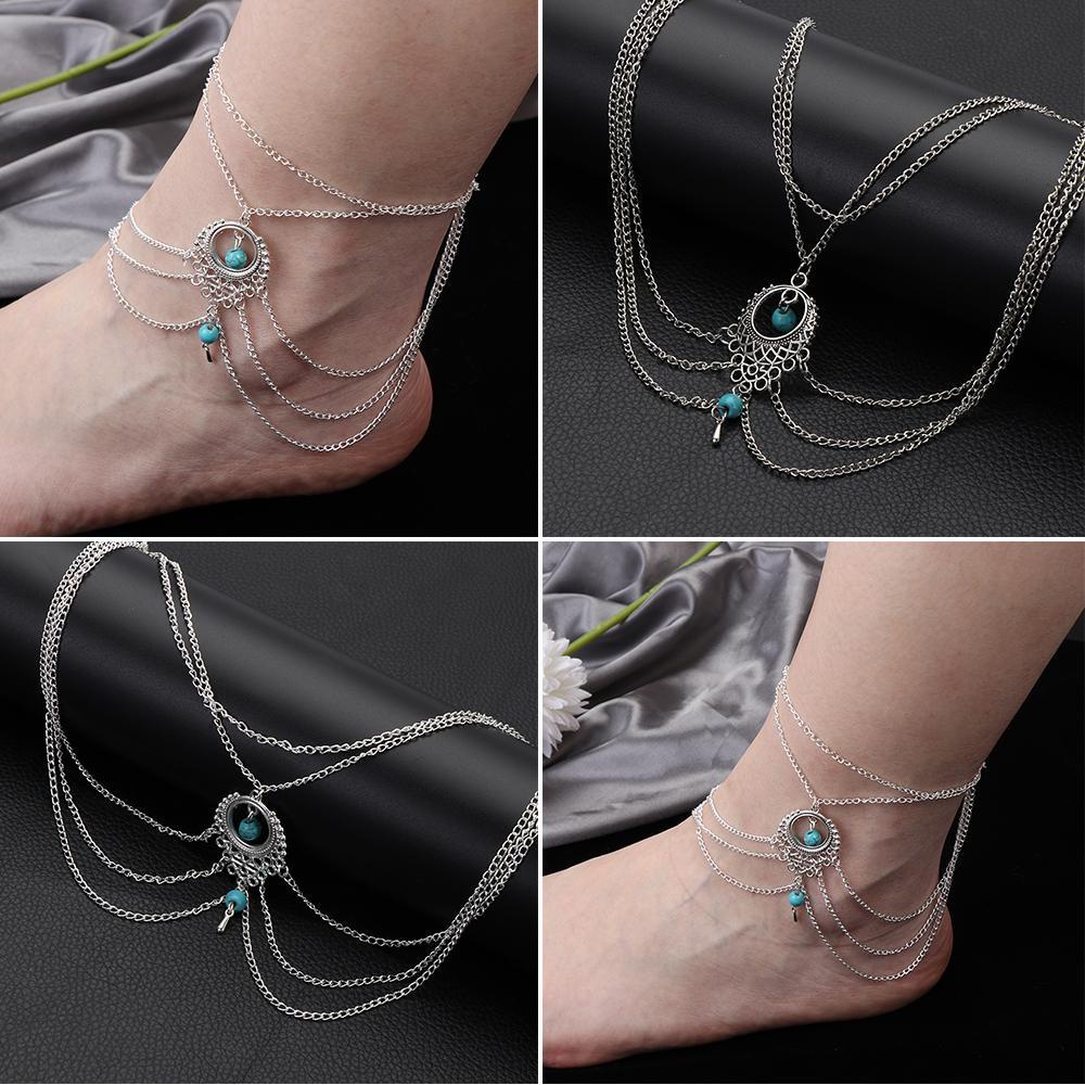 Solighter Gelang Kaki Baru Bohemia Fashion Rantai Tipis Aksesoris Etnik Rantai Tebal Drop Chain Hollow Perhiasan Pirus Liontin Perak Kaki