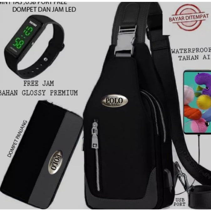 TERLARIS Tas Selempang Pria Waterproof 4in1 Jam, Dompet & USB Port /TAS SELEMPANG PRIA/TAS PRIA EIGE