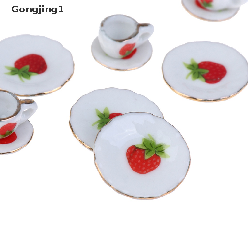 Gongjing1 / 15pcs / Set Mainan Miniatur Piring + Cangkir Keramik Porselen Untuk Aksesoris Rumah Boneka 1: 12