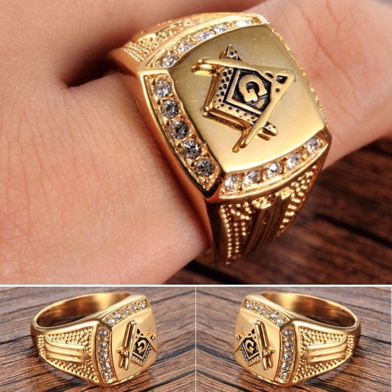 Cincin Berlian Masonic Klasik Mewah Bahan Stainless Steel Warna Emas Ukuran US 7-14