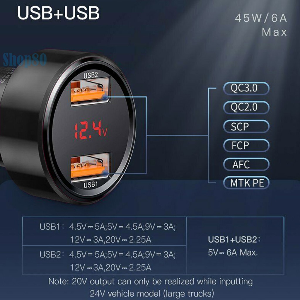 Baseus Charger Mobil 45W USB + Type C / Dual USB Adaptor Fast Charging PD QC 3.0 6A Car Quick Charge