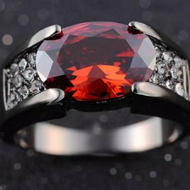 Cincin Pria Batu Akik Rubi Merah Mewah Black Platted Red Cubic Zirconia Simple Minimalis