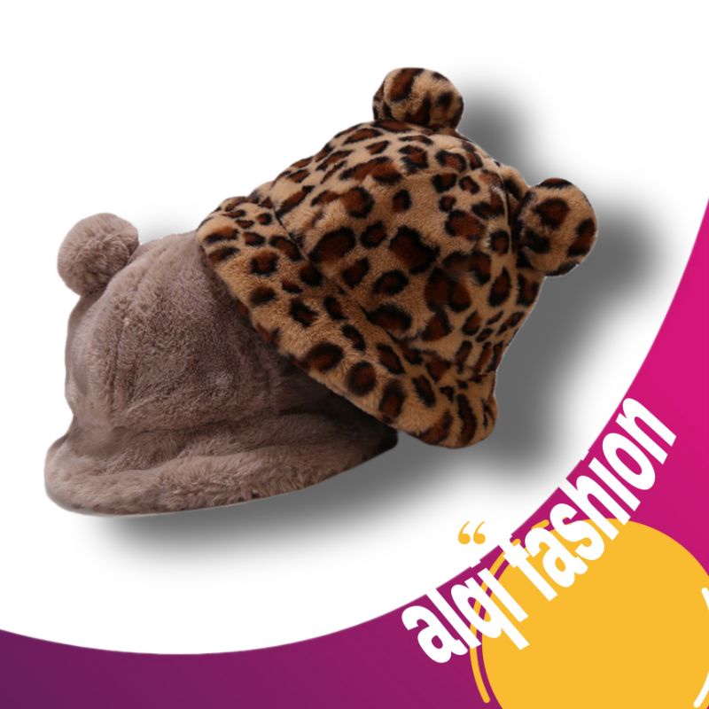 Topi Bucket Wanita Dewasa Ada Pom pom Bahan Bulu Lembut Hangat