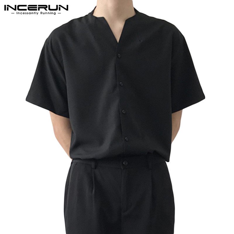 INCERUN Men Solid Short Sleeve Notch Neck Shirt