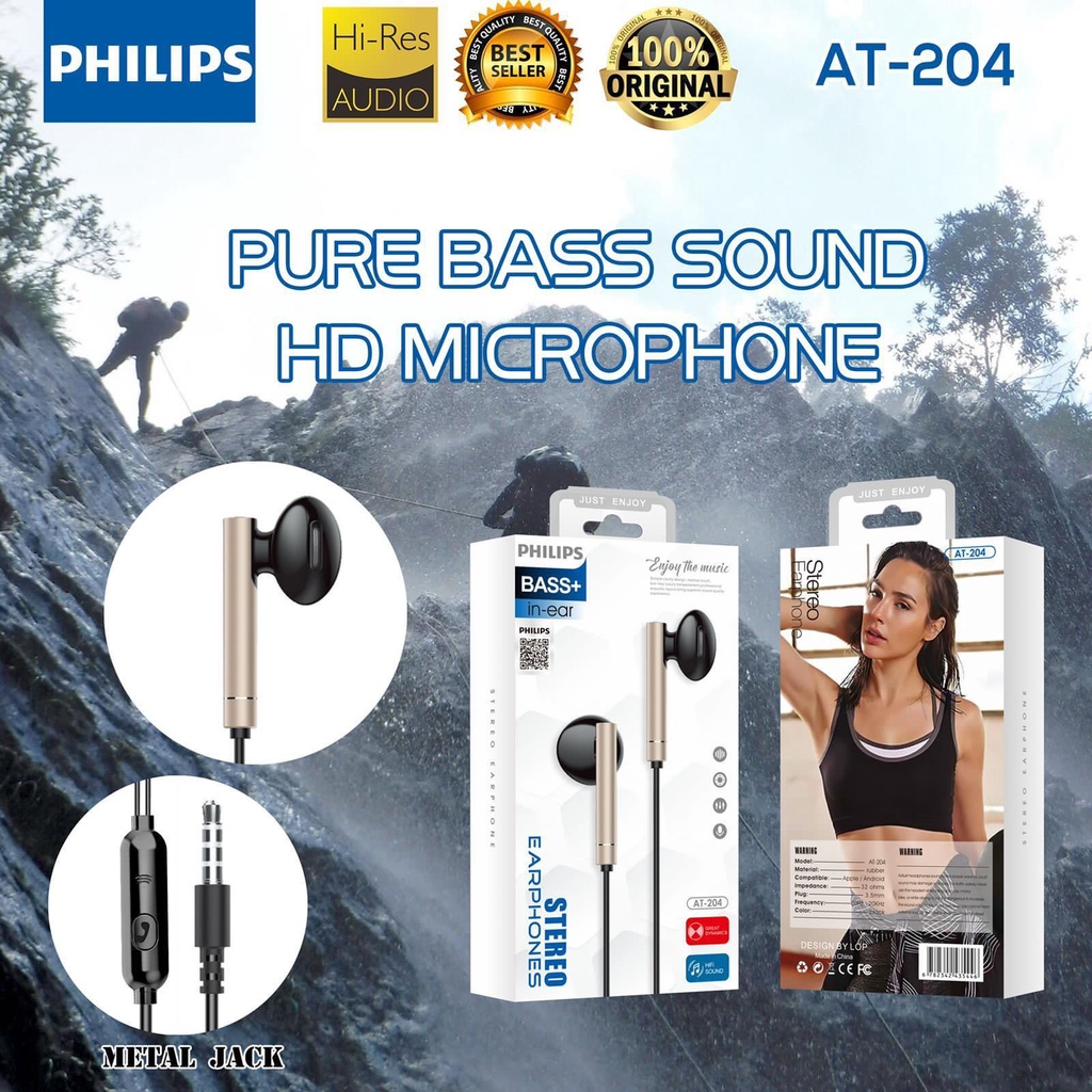 Earphone Philips T204 Metal Body stereo bass music telfon headset mic
