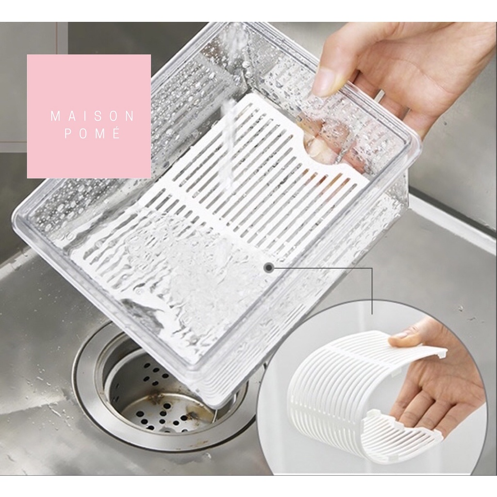 KAI Kotak Penyimpanan Makanan Organizer Food Storage Kulkas Freezer Sayur Buah Daging Dengan Saringan Strainer Drainer