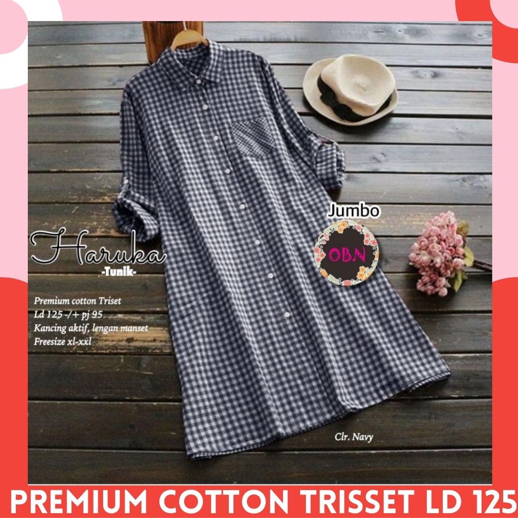 haruka tunik jumbo atasan pakaian longtunik kemeja katun kotak ld 125  big over extra size bigsize b