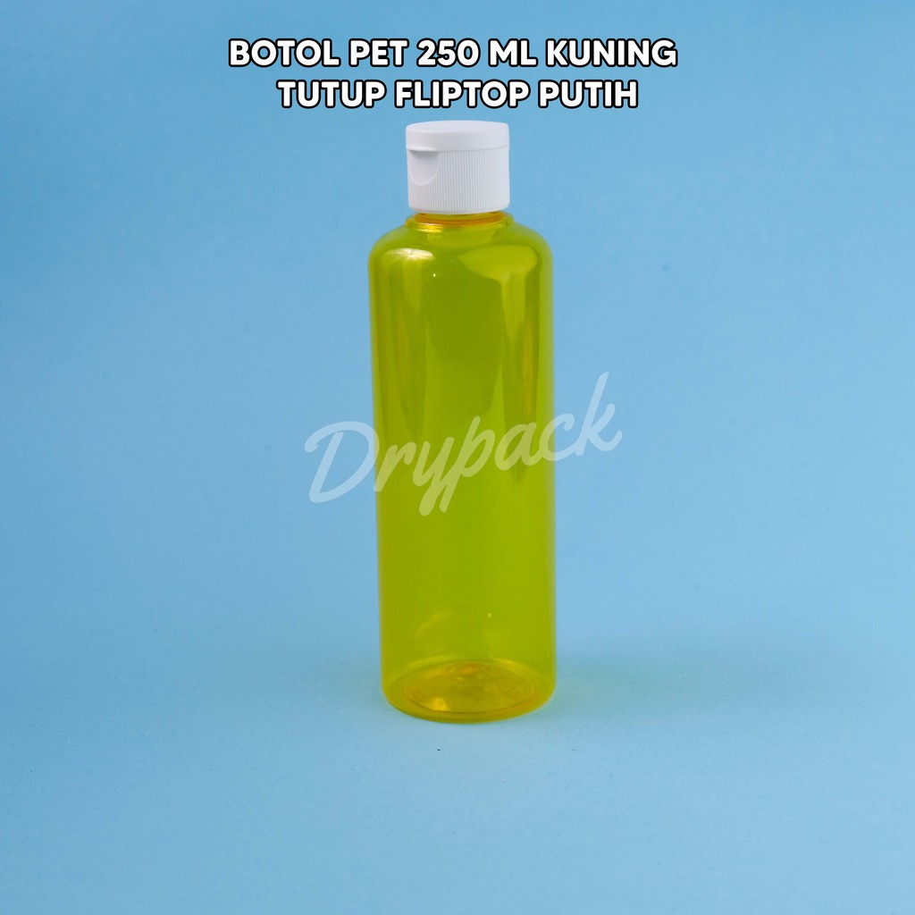 BOTOL PET 250 ML ROUND KUNING TUTUP FLIPTOP