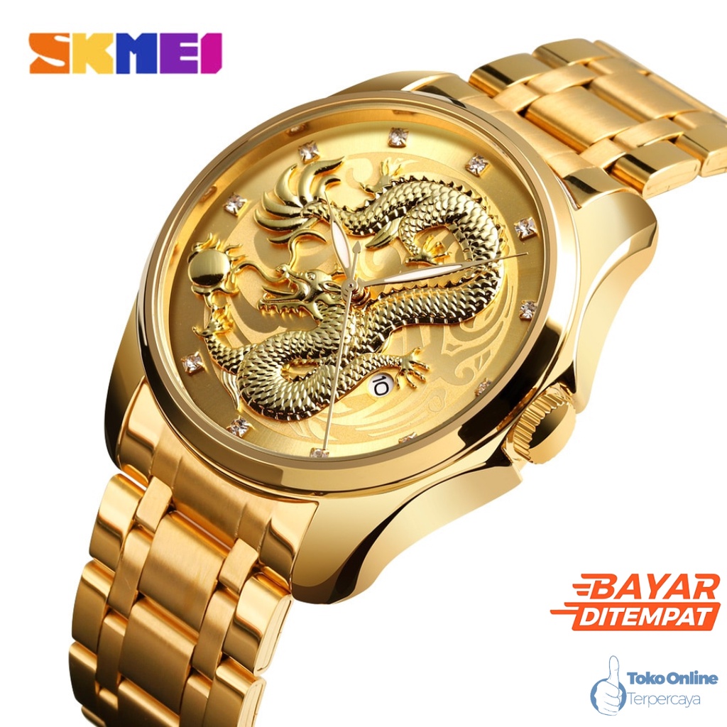 Jam Tangan Pria SKMEI 9193 Analog Dragon Watch Tali Stainless Elegan Terbaru