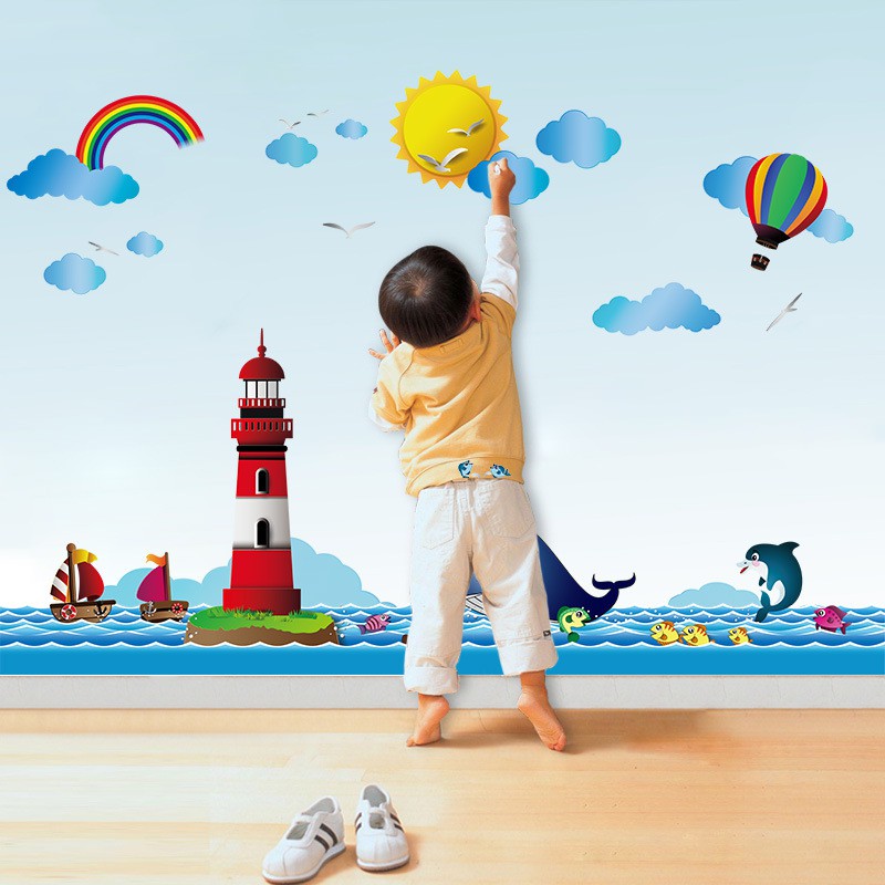 Reliza Wall Sticker Lis Ikan Paus Border Fish Lumba Lumba Awan Anak Kids Stiker Dinding LDR7252