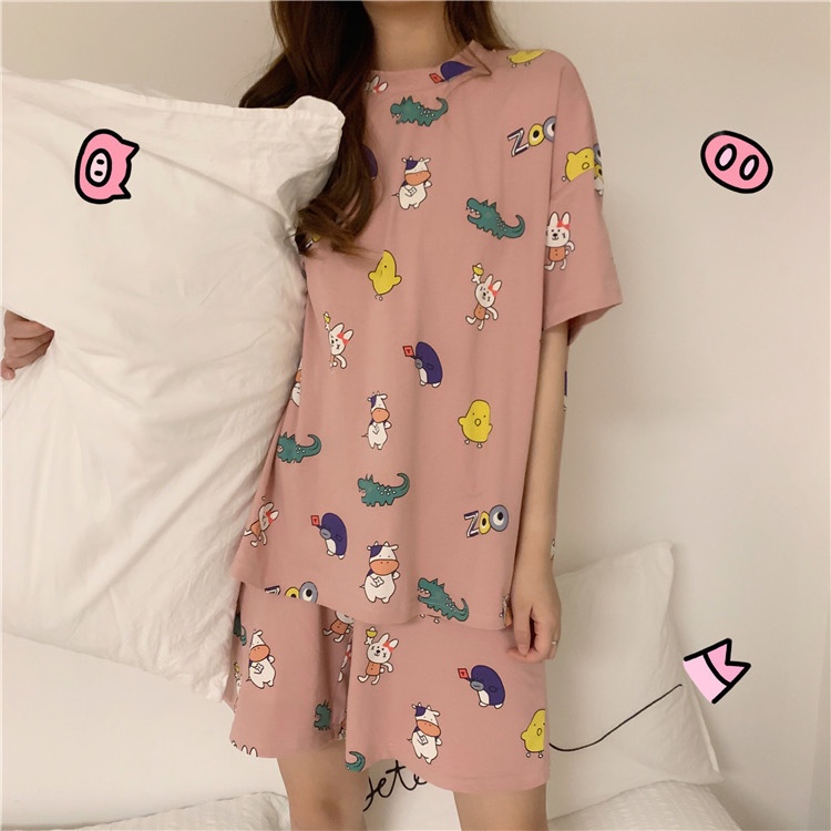 UNINICE [COD] Kartun Crocodile Wanita Piyama Lucu Cetak Longgar Loungewear Set Plus Ukuran Celana Pendek Lengan Pendek
