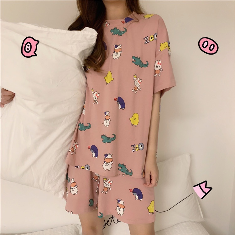 UNINICE [COD] Kartun Crocodile Wanita Piyama Lucu Cetak Longgar Loungewear Set Plus Ukuran Celana Pendek Lengan Pendek