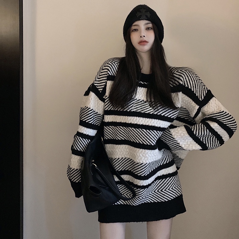 Sweater Stripe Wanita Oversize Style Lengan Panjang Rajut Premium Knitwear Tebal