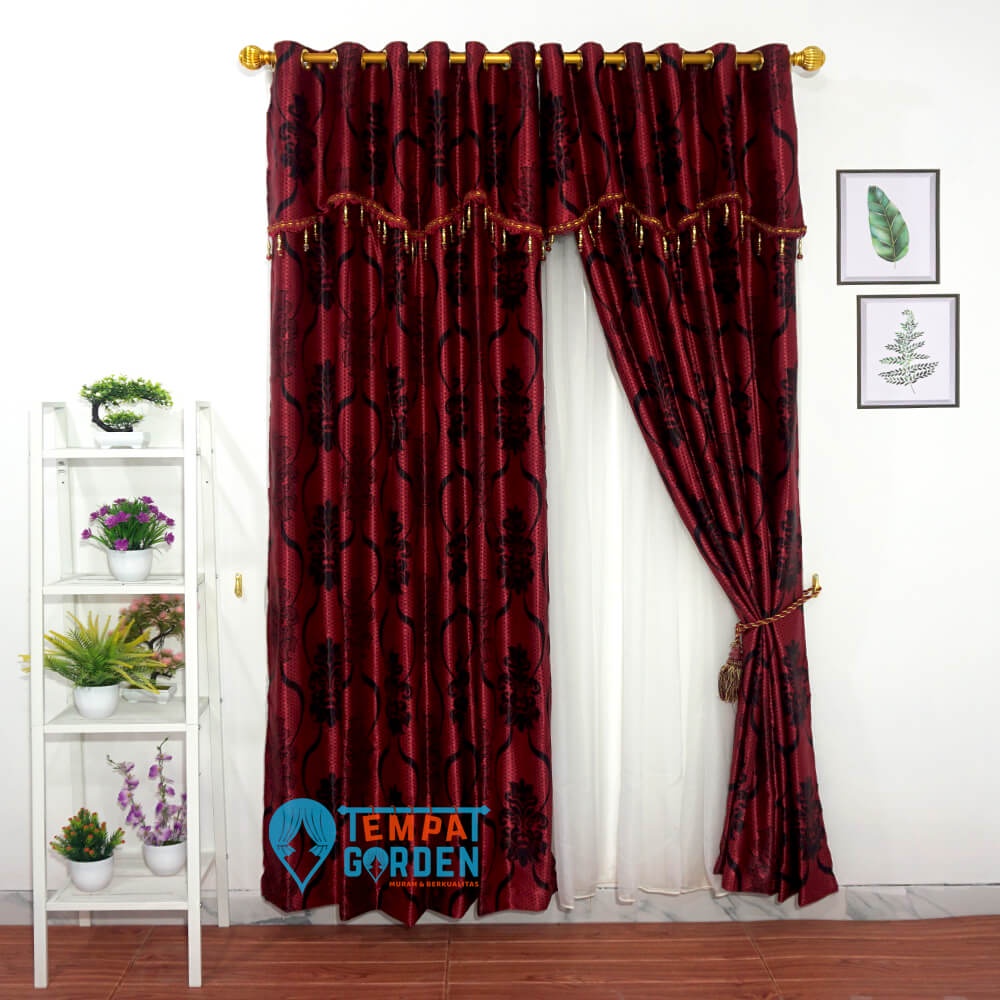 Gorden Blackout, Gorden Jendela, Gorden Pintu Motif Jakat Batik Merah Tua
