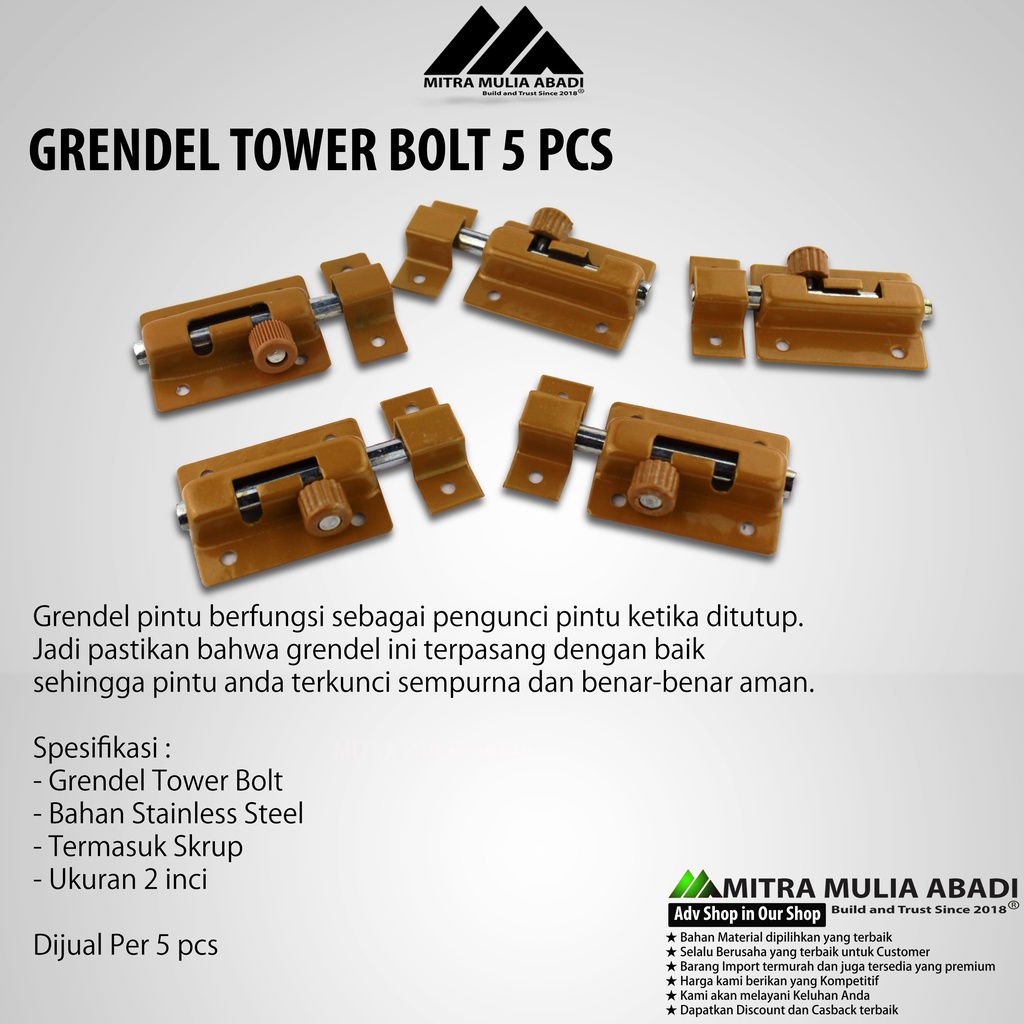 Grendel Tower Bolt VOC Slot Pintu 5pcs Jendela 2 Inch / 5 cm l Skrup