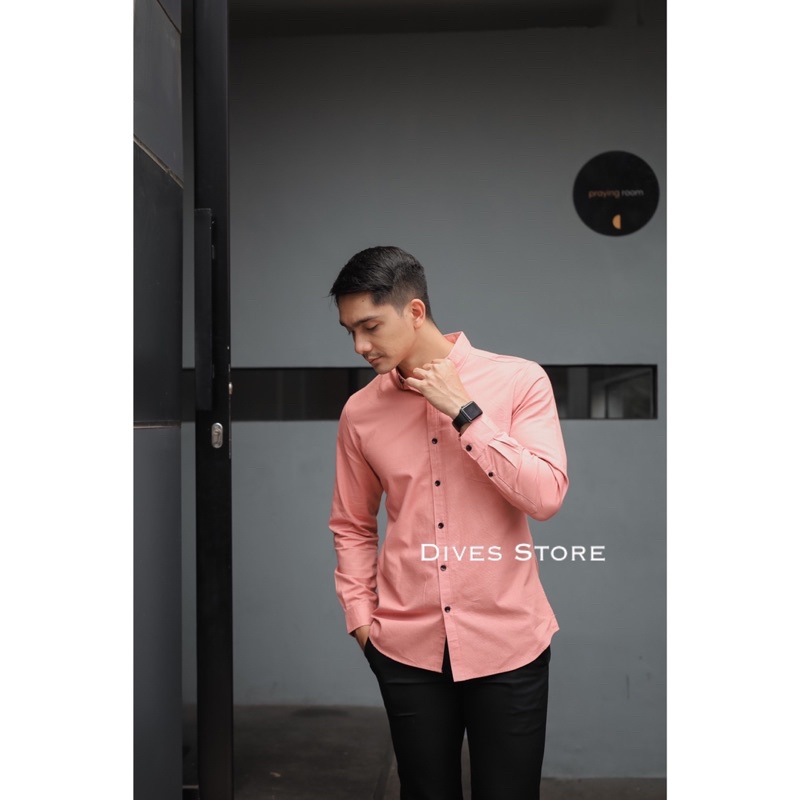 Divesstore Kemeja polos pria lengan panjang basic kasual kantoran pink salam / kemeja cowok / atasan pria