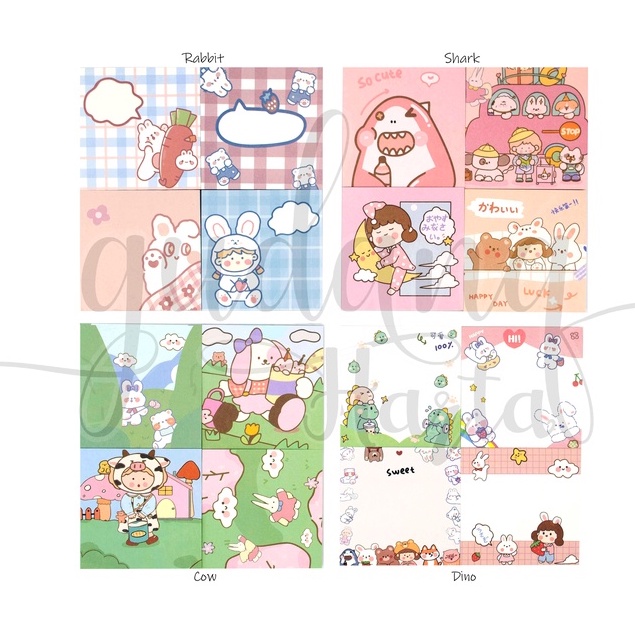 

GCC Memo SET 4 Motif Lucu Cow Dino Rabbit Shark Memopad DIY GCC 301124